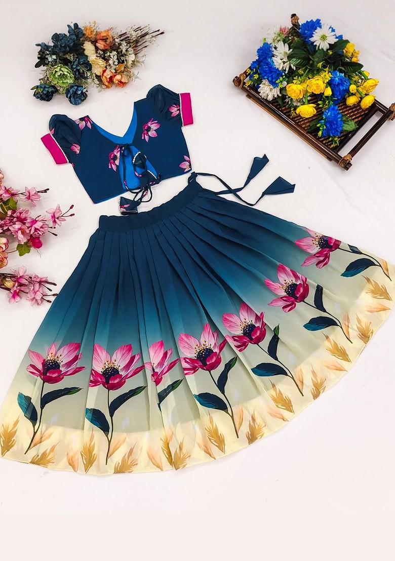 Blue Embroidered Georgette Lehenga Choli For Girls - Indya