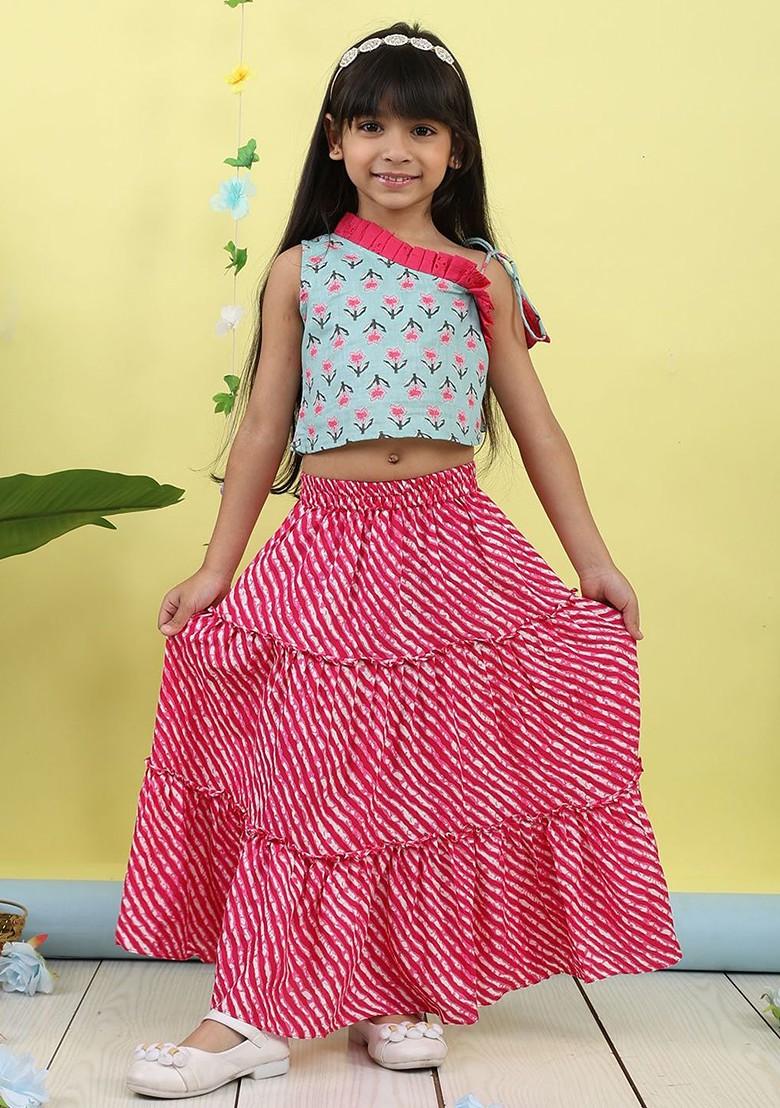 Green Embroidered Cotton Blend Lehenga Choli For Girls - Indya