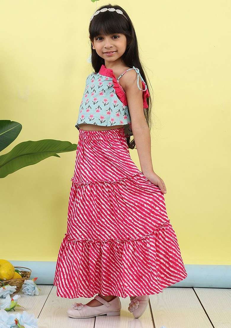 Green Embroidered Cotton Blend Lehenga Choli For Girls - Indya