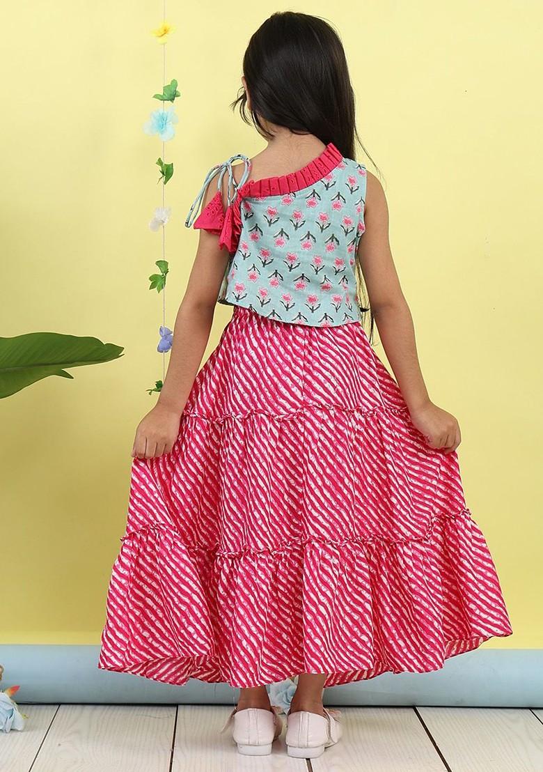 Green Embroidered Cotton Blend Lehenga Choli For Girls - Indya
