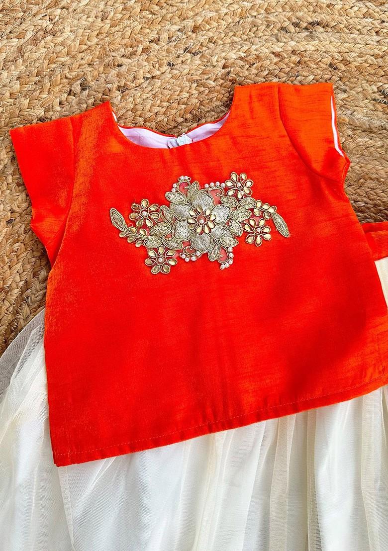 Orange Embroidered Blended Lehenga Choli For Girls - Indya