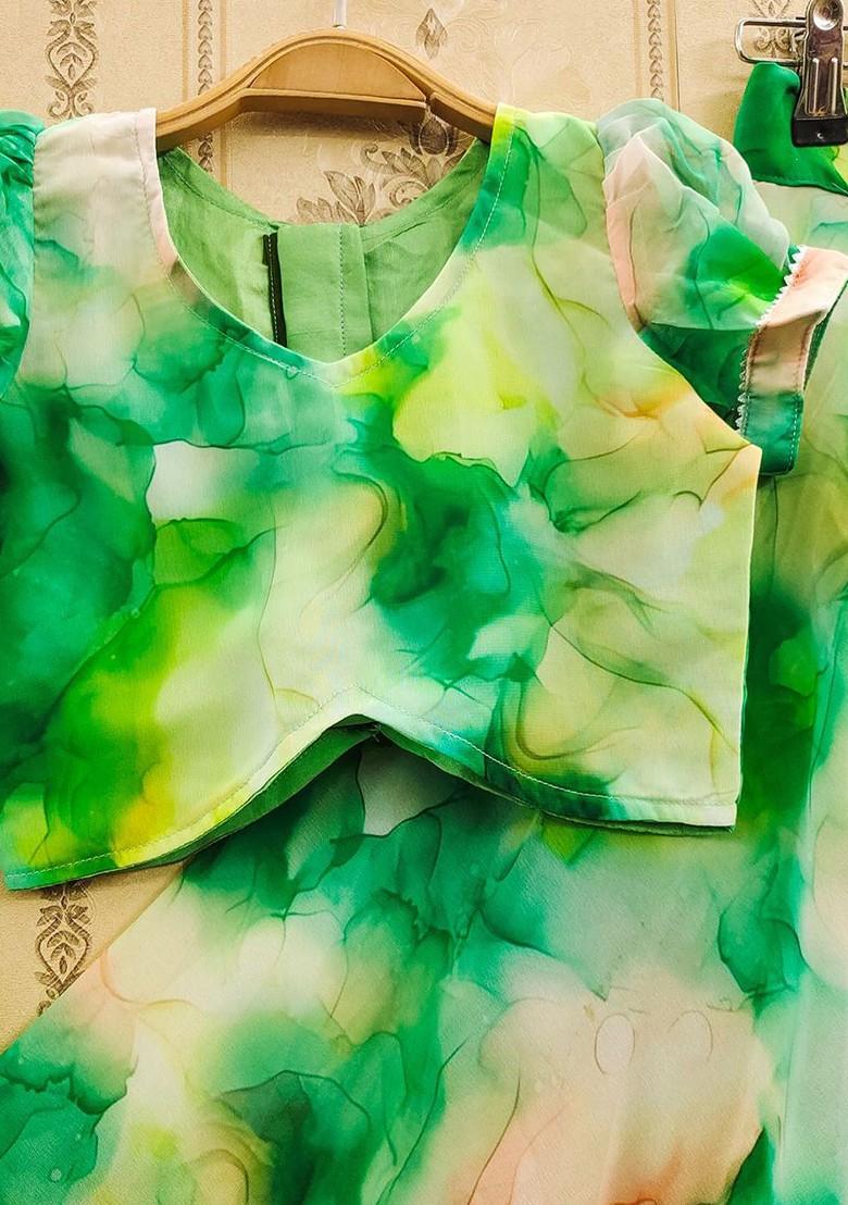 Green Printed Blended Lehenga Choli For Girls - Indya