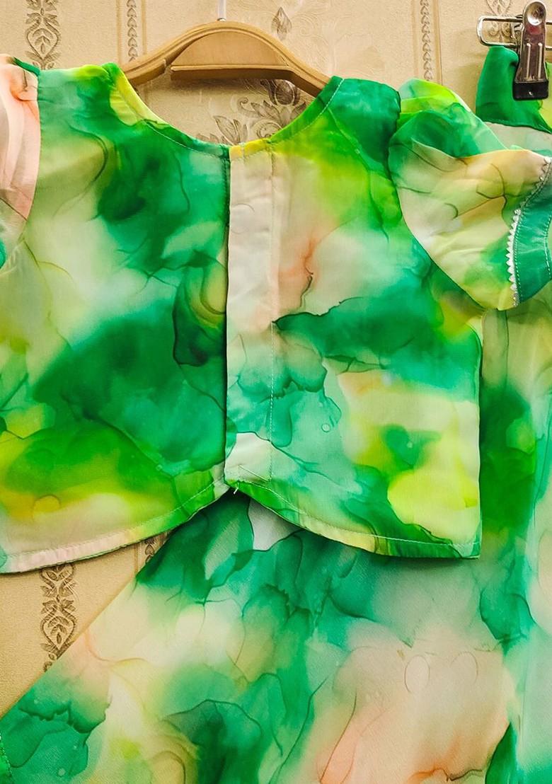 Green Printed Blended Lehenga Choli For Girls - Indya