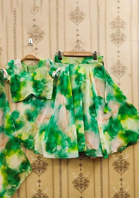Green Printed Blended Lehenga Choli For Girls — view on Indya