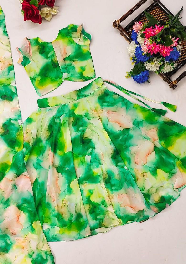 Green Printed Blended Lehenga Choli For Girls - Indya