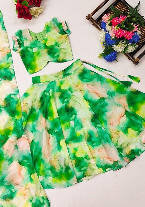 Green Printed Blended Lehenga Choli For Girls — view on Indya