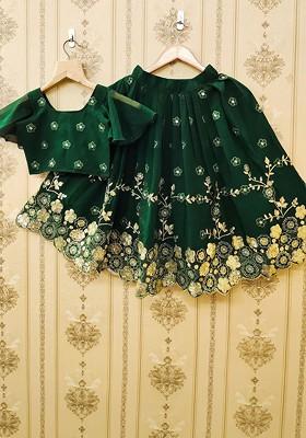 Green Embroidered Silk Lehenga Choli For Girls