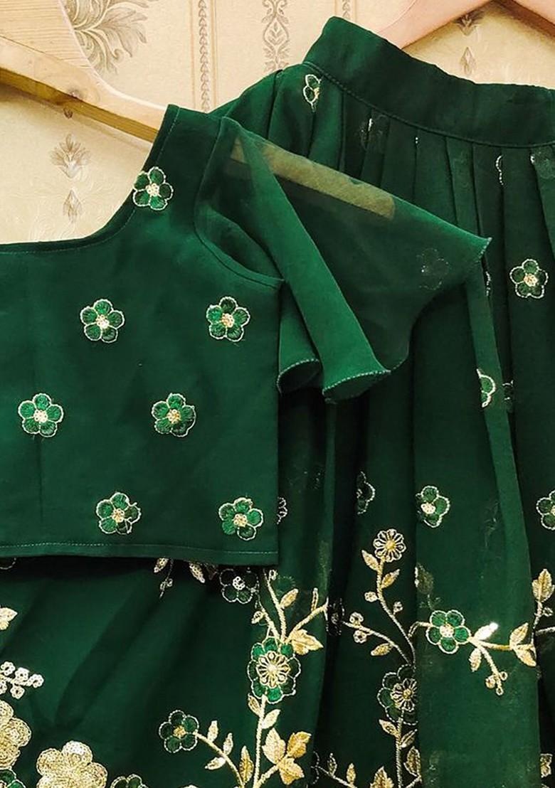 Green Embroidered Silk Lehenga Choli For Girls - Indya