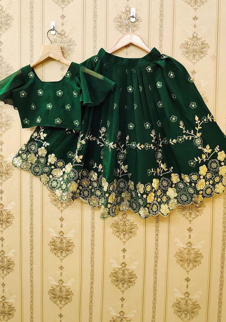 Green Embroidered Silk Lehenga Choli For Girls - Indya