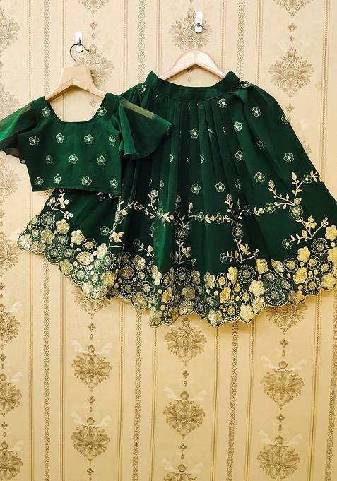 Green Embroidered Silk Lehenga Choli For Girls — view on Indya