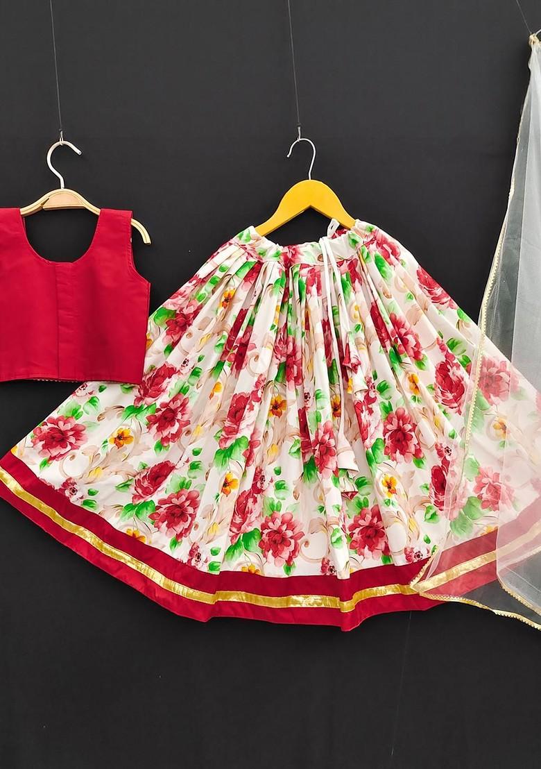 Red Embroidered Viscose Lehenga Choli For Girls - Indya