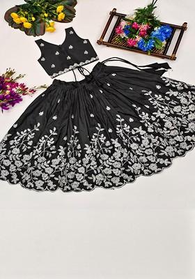 Black Embellished Silk Lehenga Choli For Girls