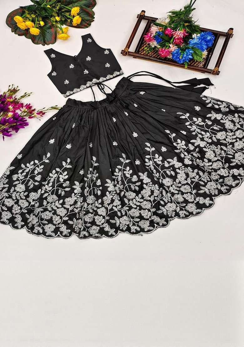 Black Embellished Silk Lehenga Choli For Girls - Indya