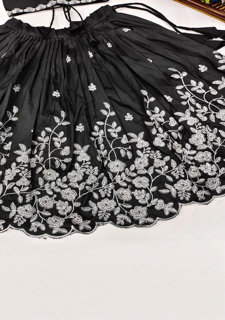 Black Embellished Silk Lehenga Choli For Girls - Indya