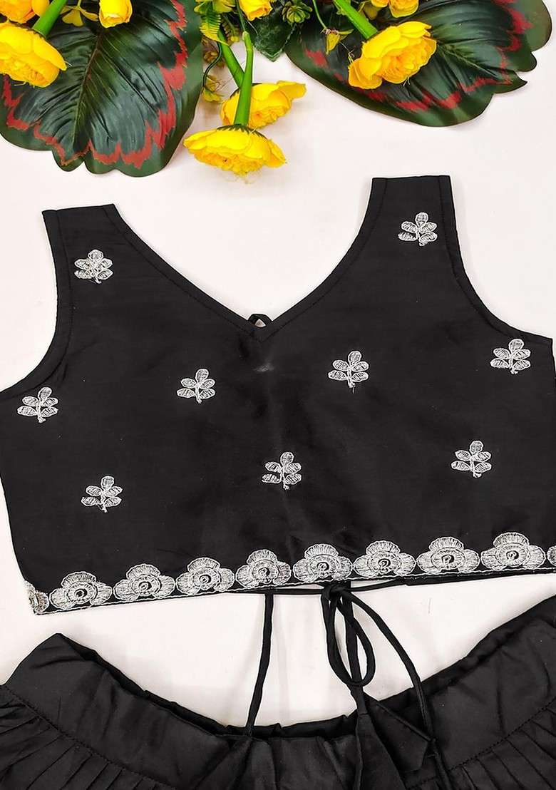 Black Embellished Silk Lehenga Choli For Girls - Indya