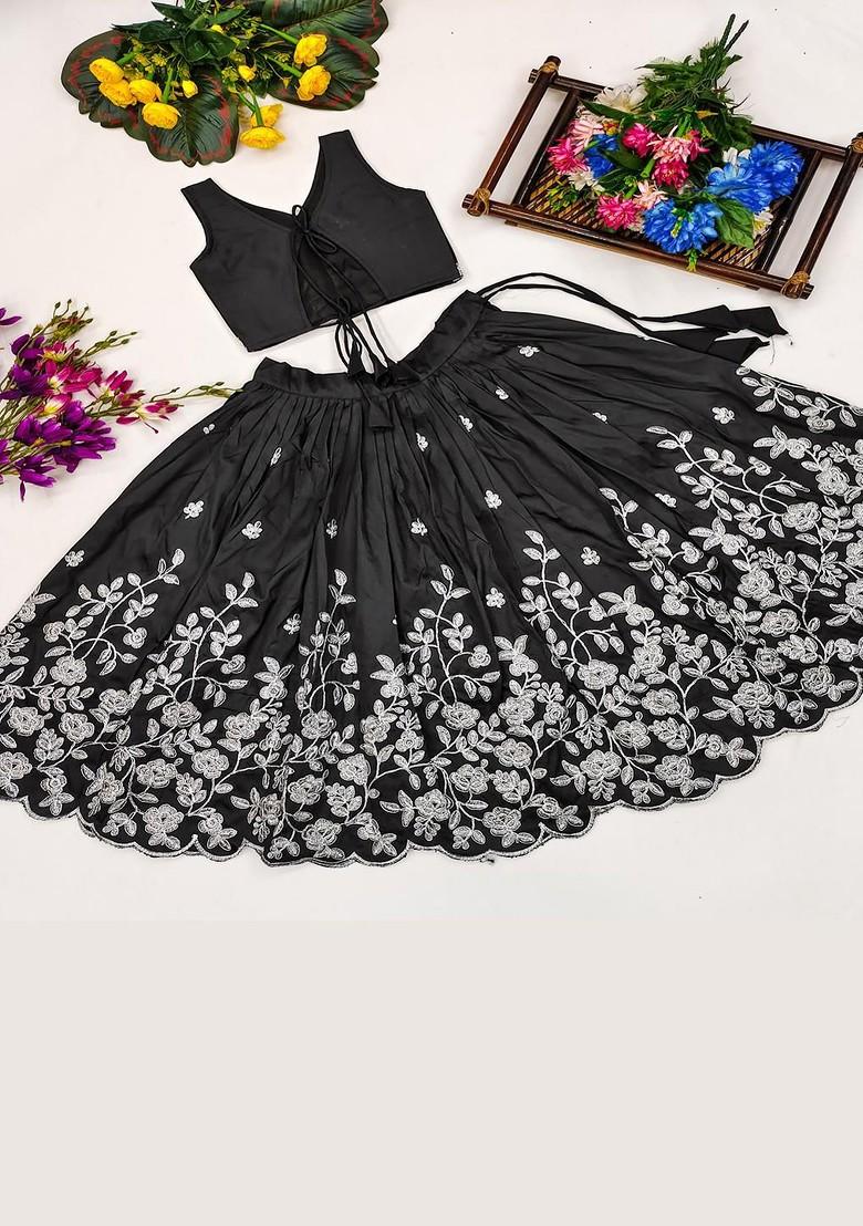 Black Embellished Silk Lehenga Choli For Girls - Indya