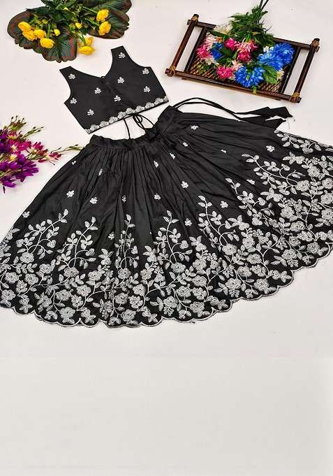 Black Embellished Silk Lehenga Choli For Girls