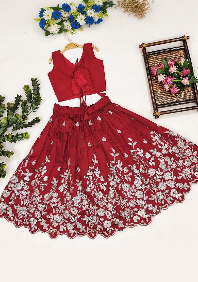 Maroon Embellished Silk Lehenga Choli For Girls - Indya