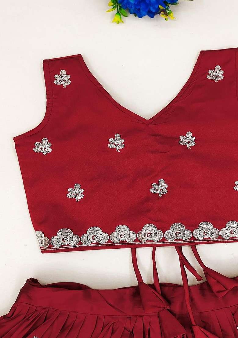 Maroon Embellished Silk Lehenga Choli For Girls - Indya