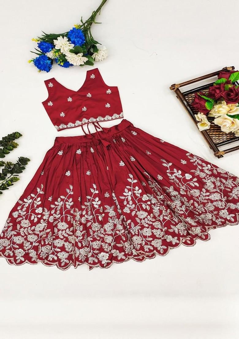 Maroon Embellished Silk Lehenga Choli For Girls - Indya