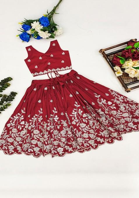 Maroon Embellished Silk Lehenga Choli For Girls — view on Indya