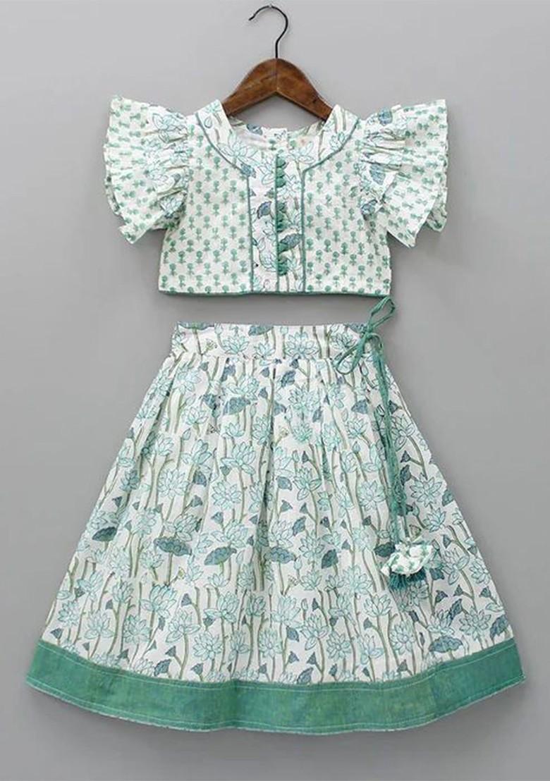 White Printed Blended Lehenga Choli For Girls - Indya