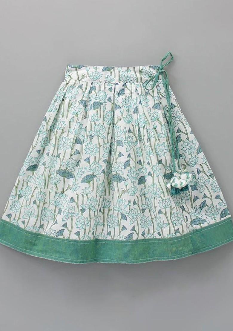 White Printed Blended Lehenga Choli For Girls - Indya