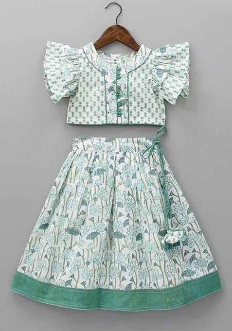 White Printed Blended Lehenga Choli For Girls