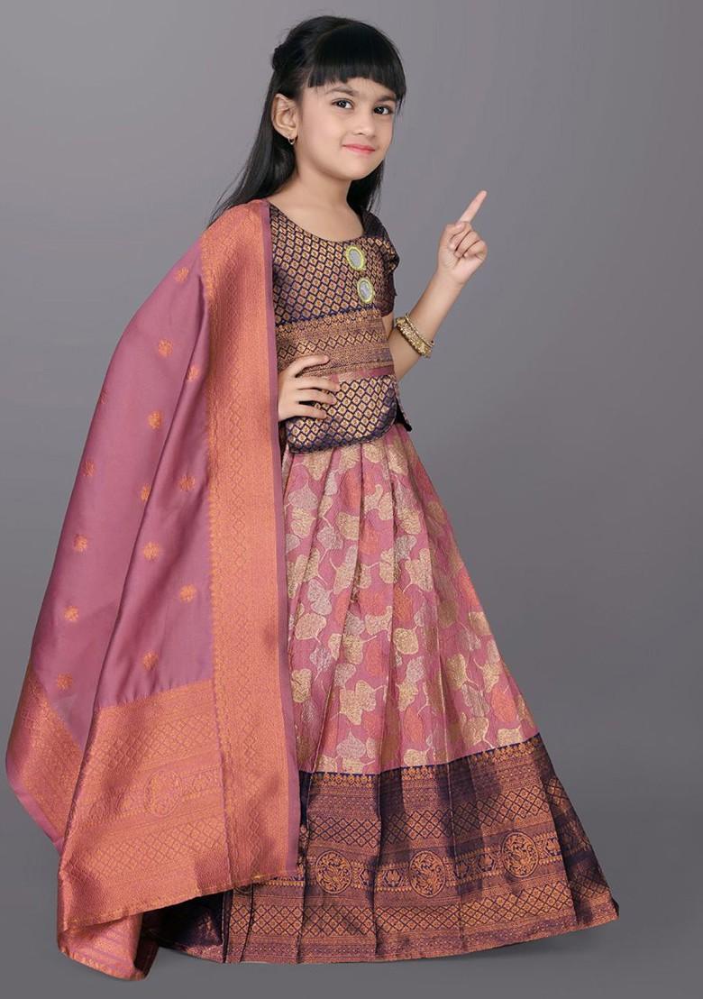 Peach Embroidered Blended Lehenga Choli For Girls - Indya