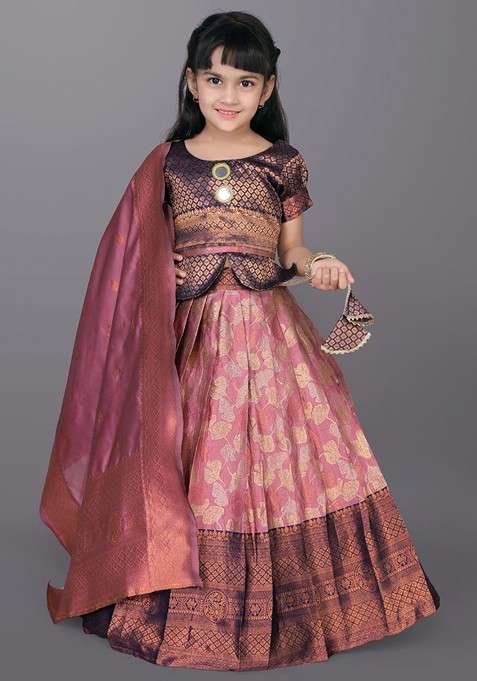 Peach Embroidered Blended Lehenga Choli For Girls