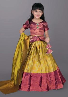 Lime Green Embroidered Blended Lehenga Choli For Girls