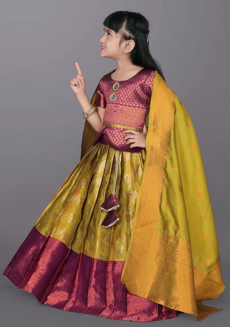 Lime Green Embroidered Blended Lehenga Choli For Girls - Indya