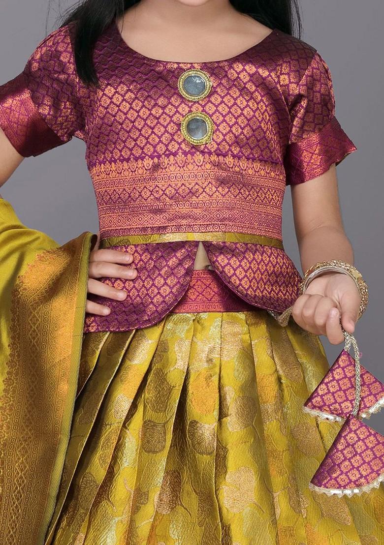 Lime Green Embroidered Blended Lehenga Choli For Girls - Indya