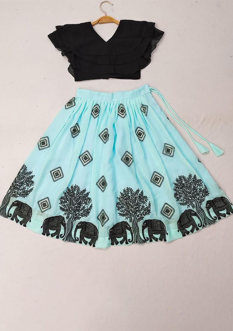 Blue Embellished Blended Lehenga Choli For Girls - Indya