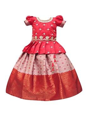 Multicolor Embroidered Cotton Blend Lehenga Choli For Girls
