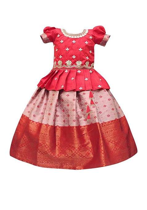 Multicolor Embroidered Cotton Blend Lehenga Choli For Girls