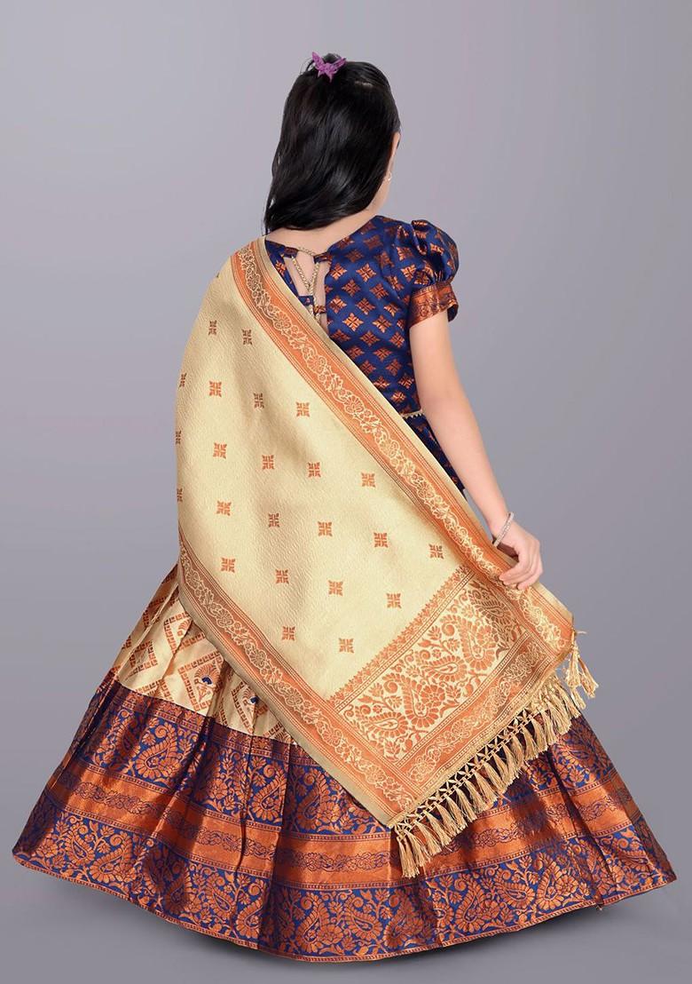 Beige Embroidered Blended Lehenga Choli For Girls - Indya