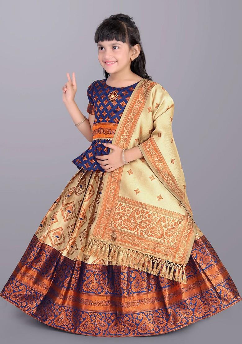 Beige Embroidered Blended Lehenga Choli For Girls - Indya