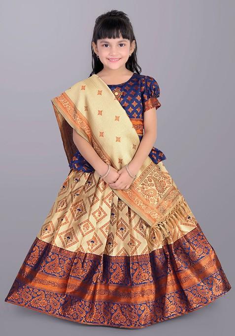 Beige Embroidered Blended Lehenga Choli For Girls