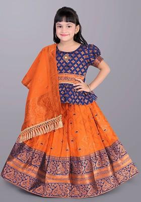 Orange Embroidered Blended Lehenga Choli For Girls