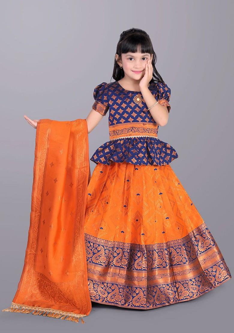 Orange Embroidered Blended Lehenga Choli For Girls - Indya