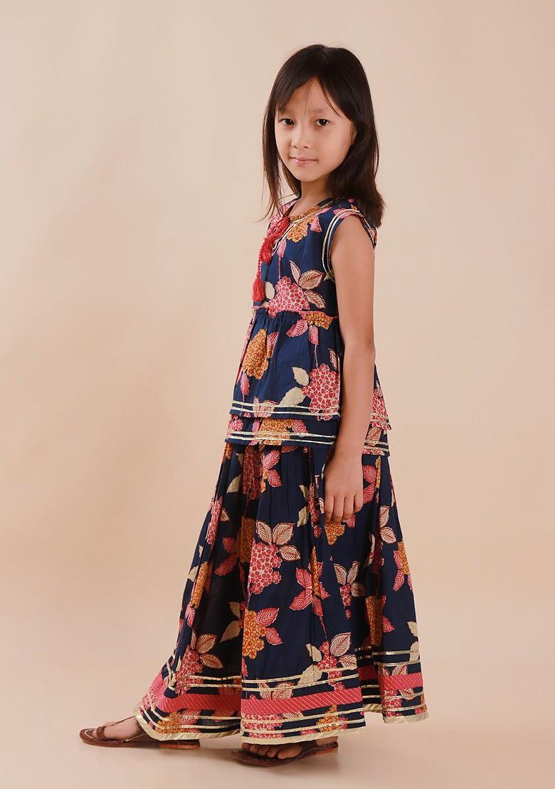 Navy Blue Embroidered Cotton Blend Lehenga Choli For Girls - Indya