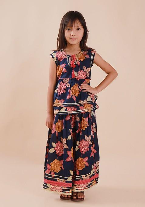 Navy Blue Embroidered Cotton Blend Lehenga Choli For Girls — view on Indya