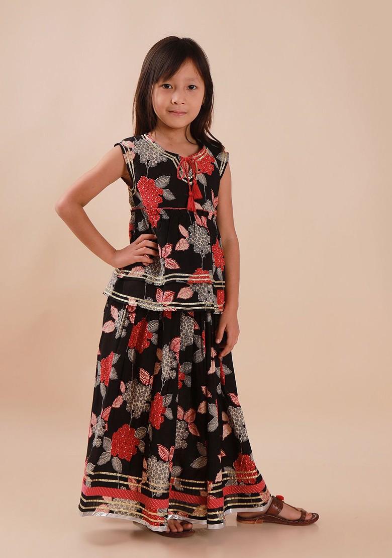Black Printed Cotton Blend Lehenga Choli For Girls - Indya