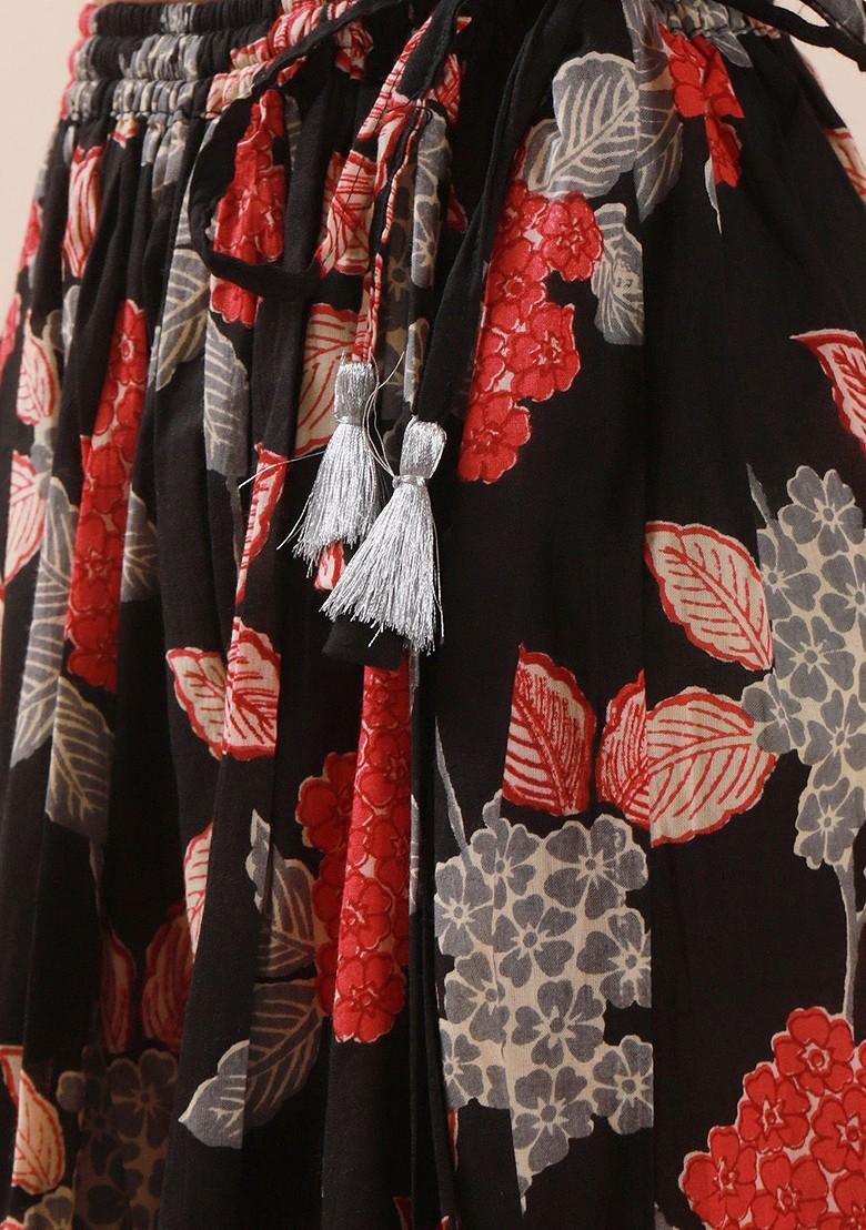 Black Printed Cotton Blend Lehenga Choli For Girls - Indya