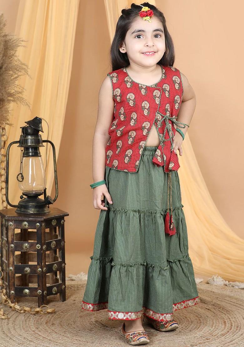 Red Printed Blended Lehenga Choli For Girls - Indya