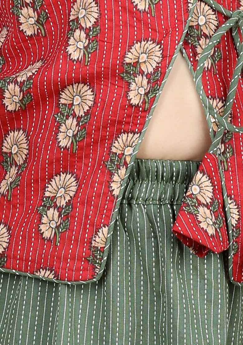 Red Printed Blended Lehenga Choli For Girls - Indya