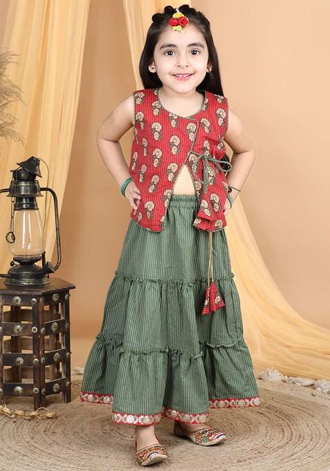 Red Printed Blended Lehenga Choli For Girls