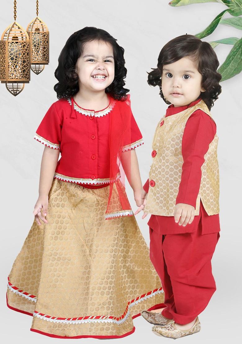 Red Embroidered Cotton Blend Lehenga Choli For Girls - Indya