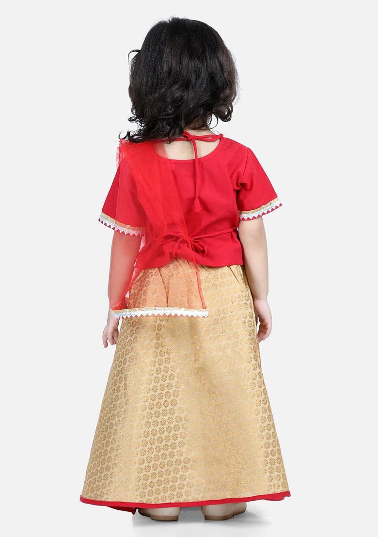 Red Embroidered Cotton Blend Lehenga Choli For Girls - Indya